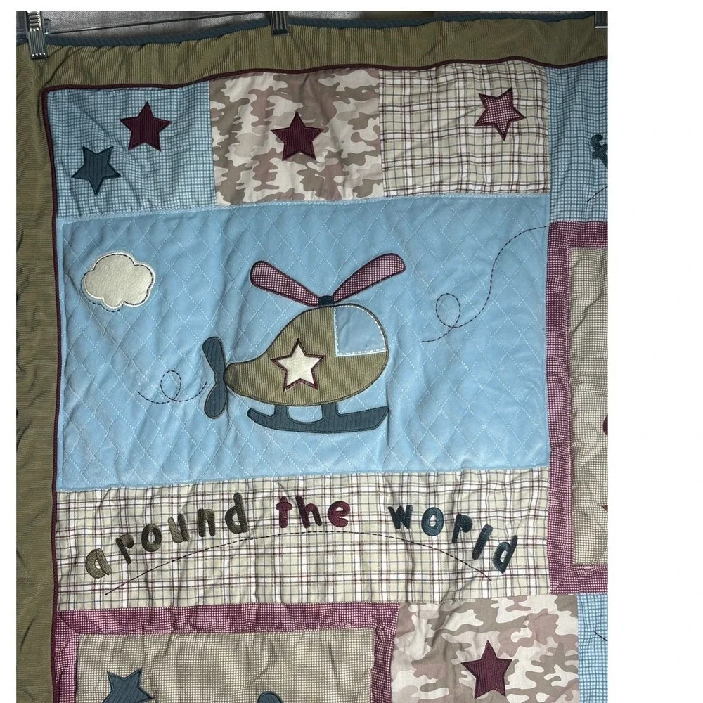 Baby Martex Airplane Helicopter Quilted Baby Blanket Blue Camo Plaid 42x36
